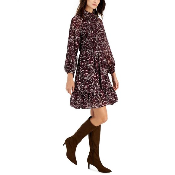 NWT Taylor Mock-Neck Smocked Long-Sleeve Dress 3016M 14 Mauve Plum Purple - Picture 3 of 4